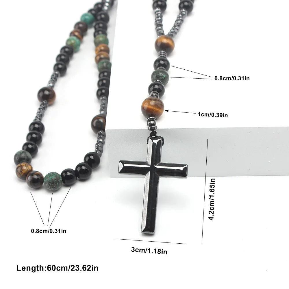 Natural Stone Africa Turquoise and Tiger-eye Beads Cross Pendant Necklace Rosary for Men and Women Vera Lux
