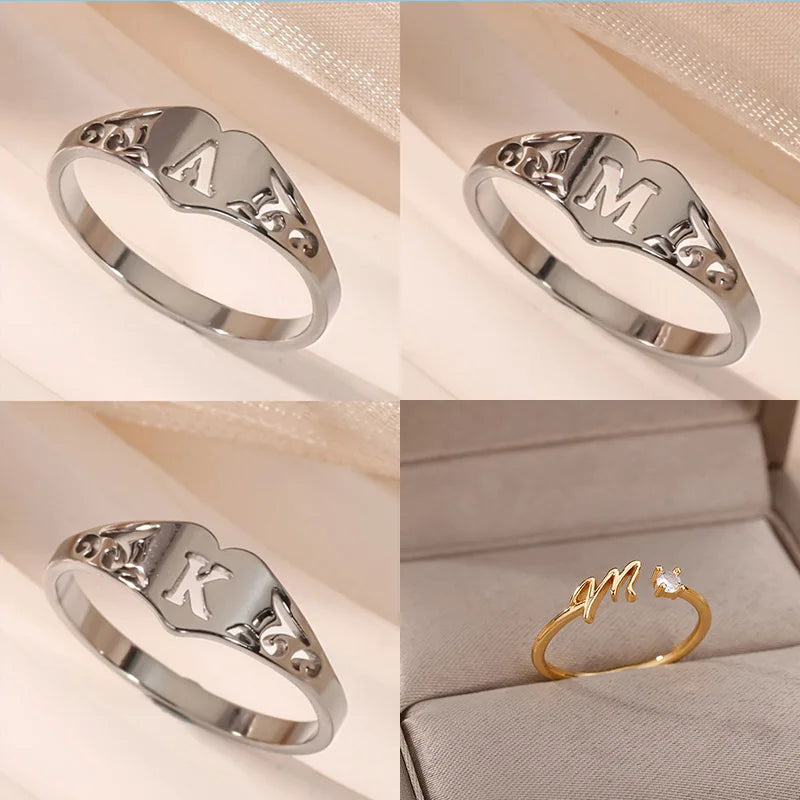 Stainless Steel A-Z Letter Heart Rings For Women Silver Color Hollow Initial Letter Ring Aesthetic Wedding Jewelry Gift Vera Lux