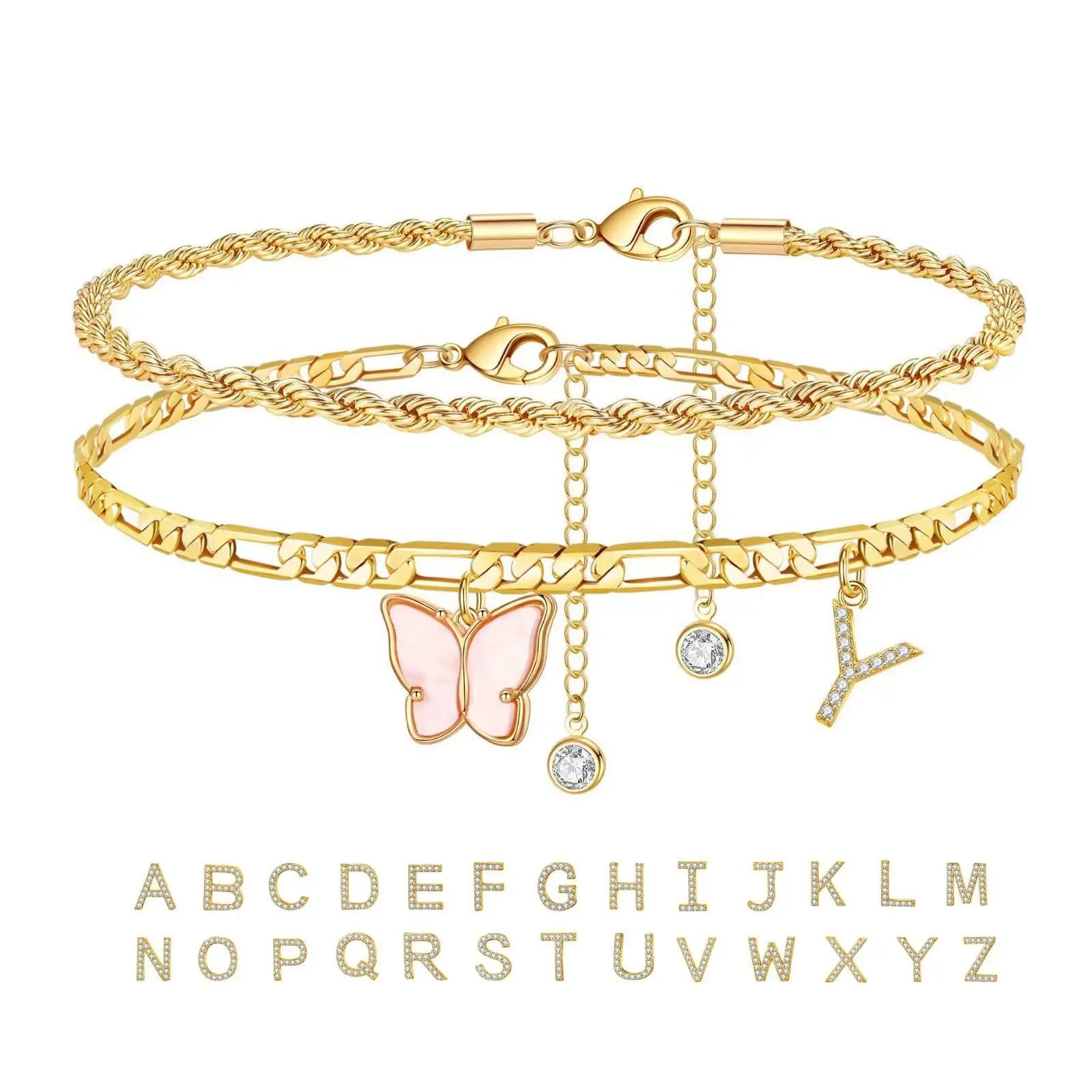 2Pcs Stainless Steel Initial Anklet Set For Women 26 Letter Acrylic Butterfly Charm Chain On Foot Summer Ankle Bracelet Jewelry Vera Lux
