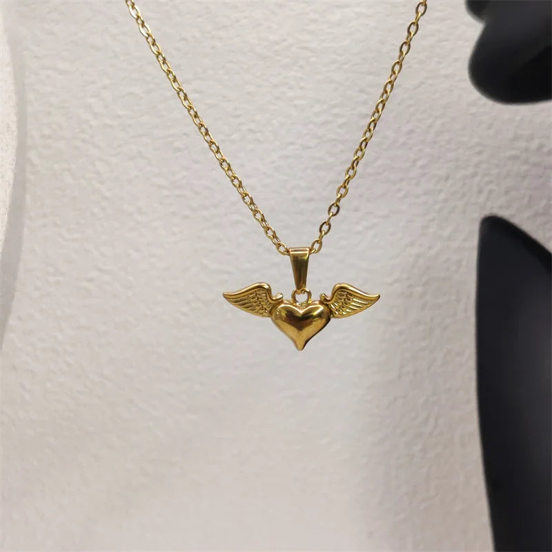 Angel's Wings Heart Rose Daisy 18k Gold Plated Stainless Steel Fashion Pendant Charm Necklaces For Women Vera Lux
