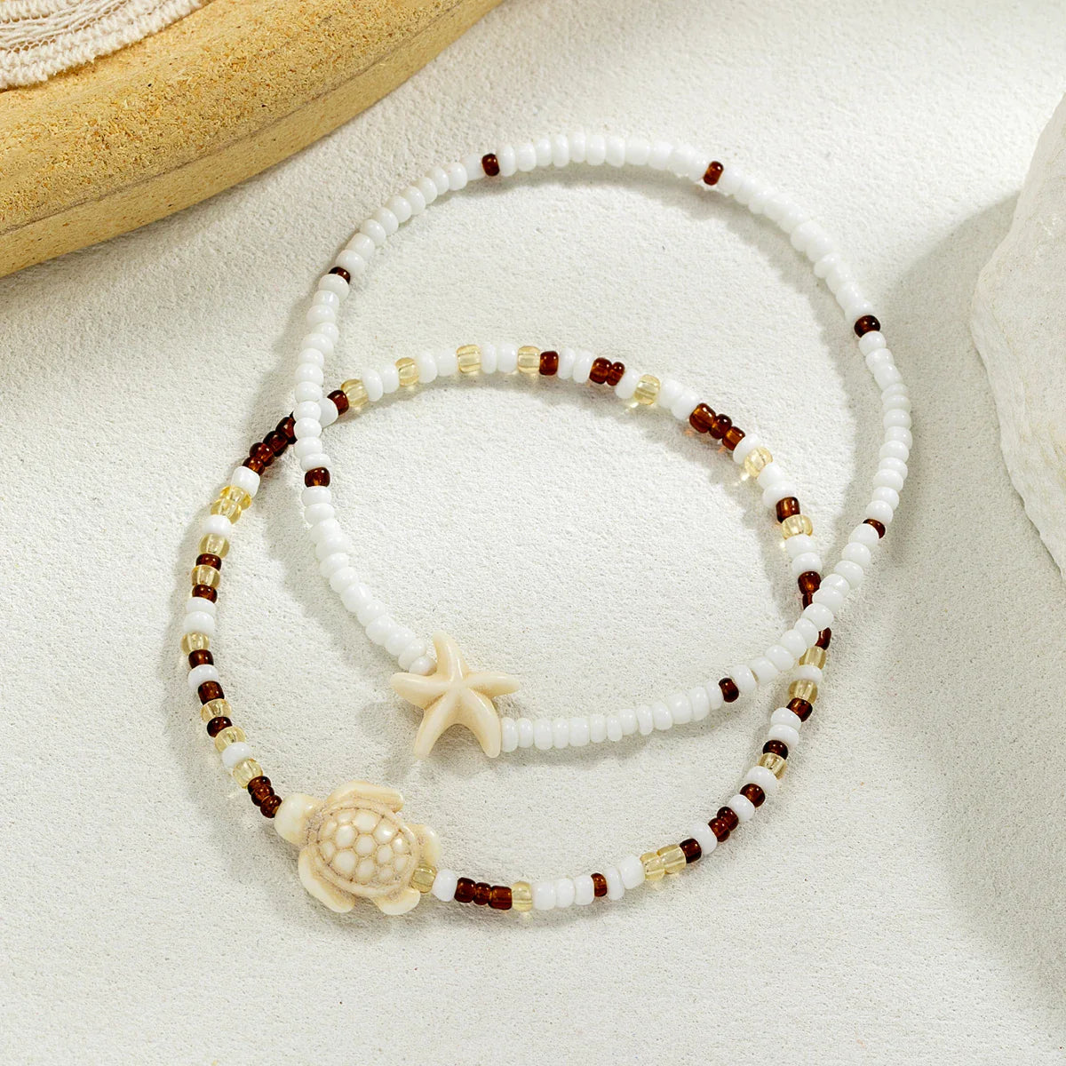 2 Bohemian style turquoise starfish turtle ankle chains, double-layer layered mixed color rice bead beach ankle chains Vera Lux
