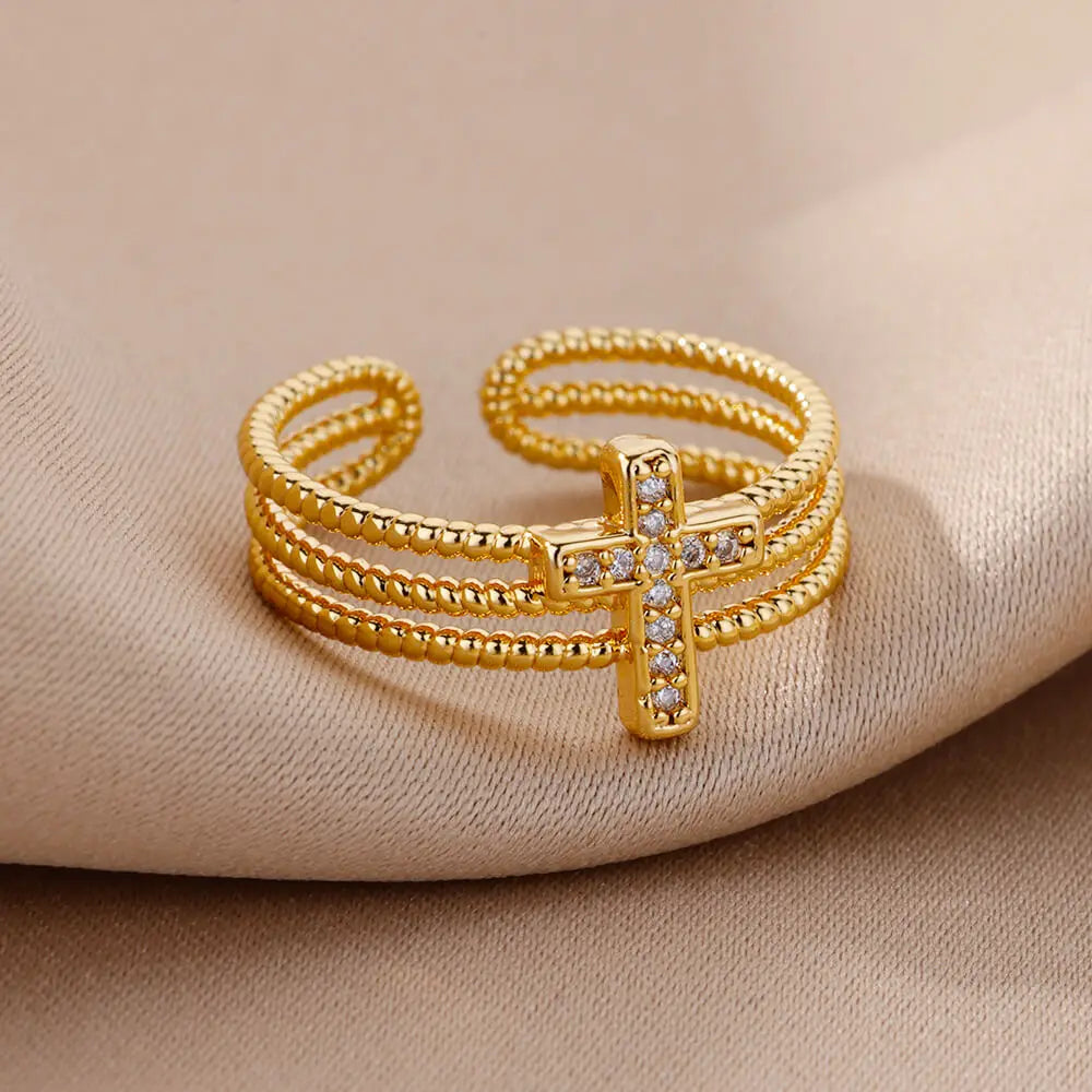 New in Zircon Cross Rings For Women Adjustable Stainless Steel Cross Ring Femme Design Luxury Wedding Jewerly Gift 2023 anillos Vera Lux