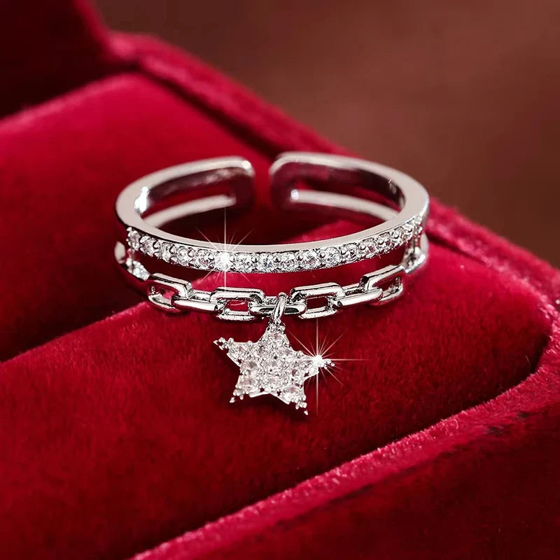 Exquisite Double-layer Design Women's Opening Ring Synthetic Zirconia Adjustable Ring with Star Pendant Vera Lux