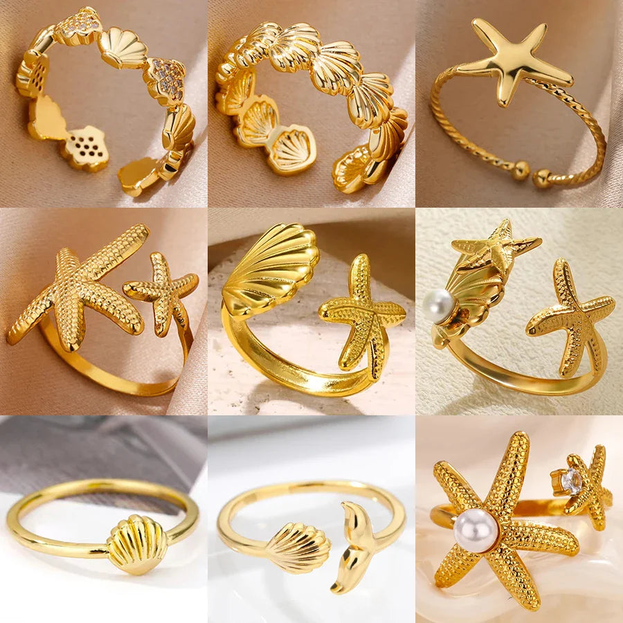 Starfish Shell Stainless Steel Open Rings For Women Fashion Gold Color Finger Ring Trendy Summer Beach Vacation Ocean Jewelry Vera Lux