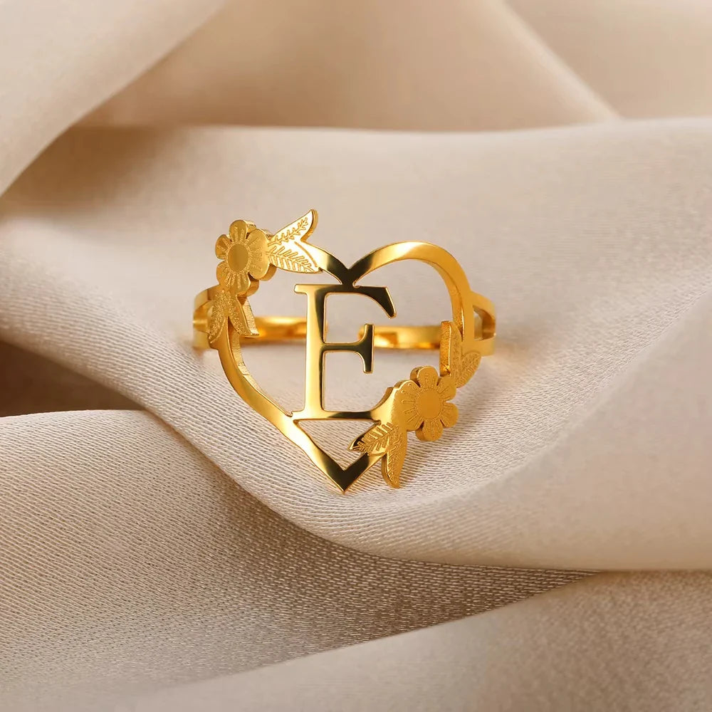 Stainless Steel Initials Letter Heart Rings for Women Girls Gold Color Flower Alphabet Ring Fashion Valentine's Day Jewelry Gift Vera Lux