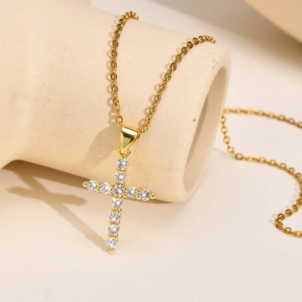 Danity Cubic Zirconia Cross Pendant Necklace for Women, Stainles Steel Chain Adjustable Vera Lux