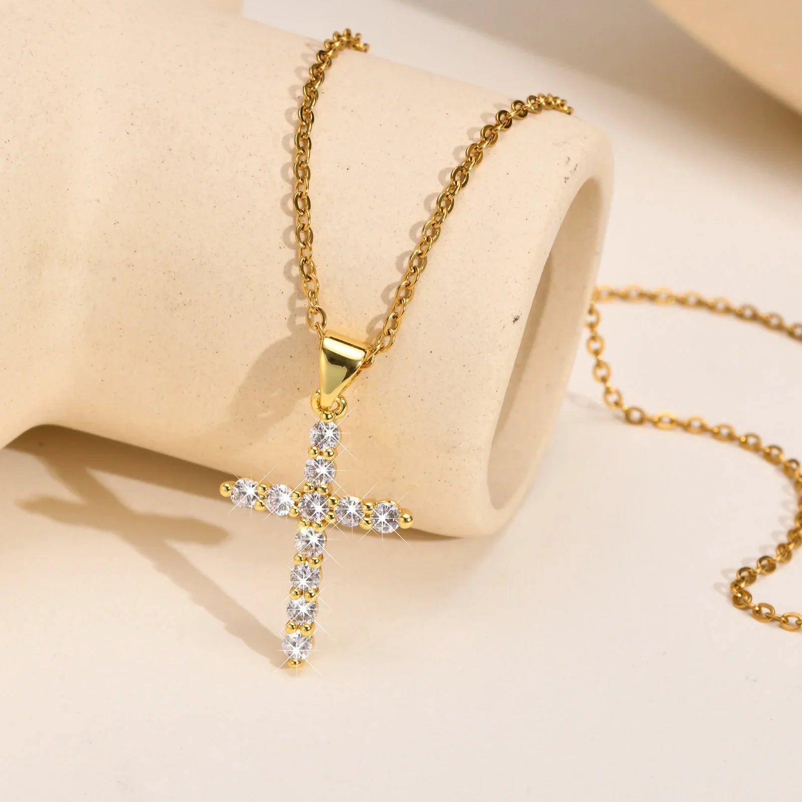 Danity Cubic Zirconia Cross Pendant Necklace for Women, Stainles Steel Chain Adjustable Vera Lux