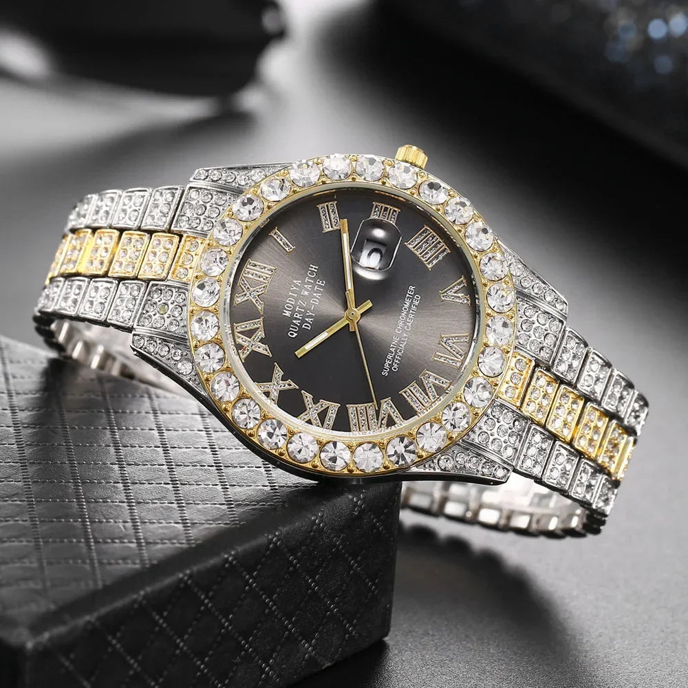 Hot Sale Diamond Bling Watch Men Gold Color Luxury Gift Quartz Watches Male Clock Dropshipping  Rhinestone Calendar Wristwatch Vera Lux