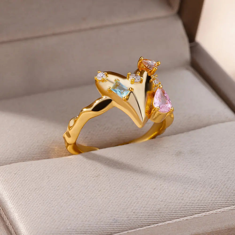 Luxury Zircon Heart Rings For Women Gold Color Open Stainless Steel Crystal Geometry Finger Ring Jewelry Wedding Gift anillos Vera Lux