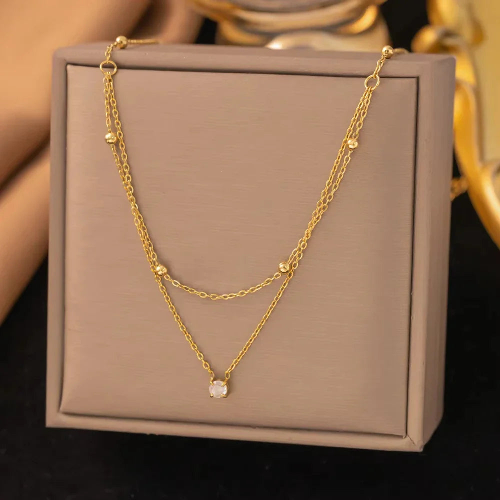 Stainless Steel Light Luxury Charm White Round Zircon Pendant Double layer Necklace Lady Classic Neck Chain Jewelry Vera Lux
