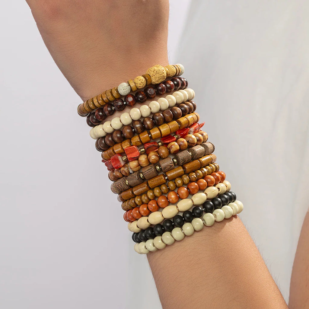 14 piece Bohemian style colorful wooden bead multi-layer layered neutral bracelet set suitable for gift giving Vera Lux
