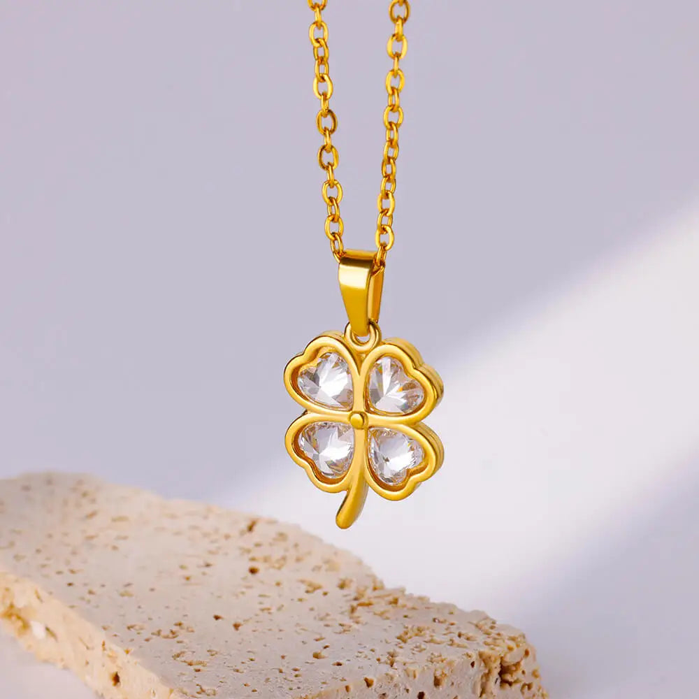 Four Leaf Clover Stainless Steel Necklaces For Women Green Zircon Gold Color Quality Jewelry Pendant Necklace Gift Free Shipping Vera Lux