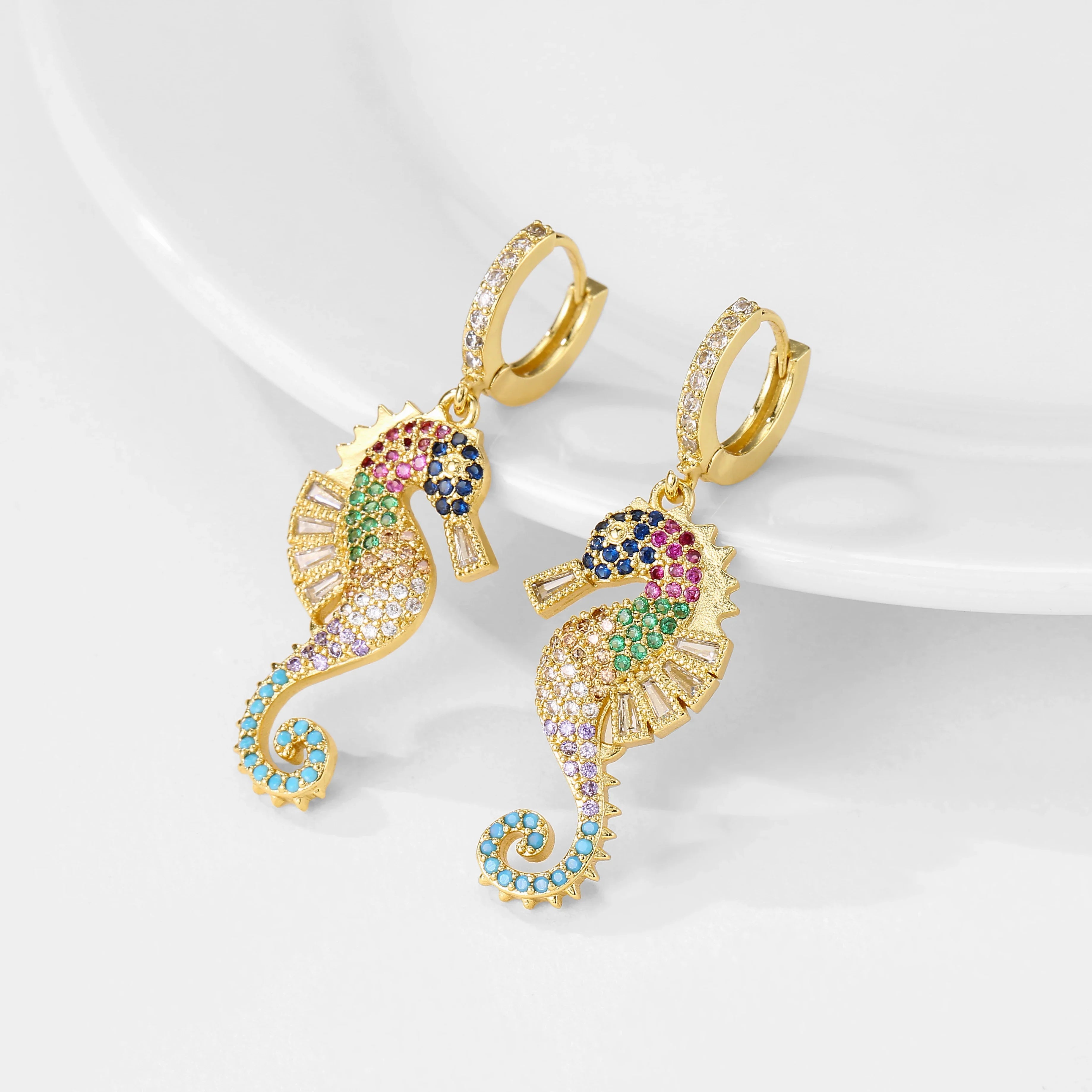 NEWBUY 2024 Trendy Colourful AAA CZ Zircon Inlay Seahorse Dangle Earrings For Women Party Jewelry Vera Lux