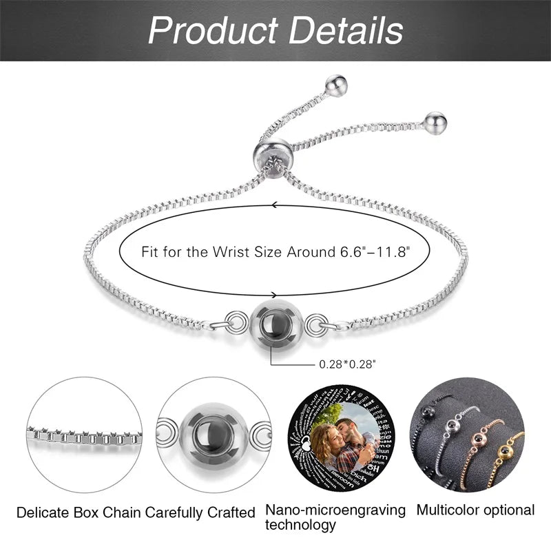 Custom Photo Bracelet Personalized Projection Bracelets with Picture Inside 100 Languages I Love You Stainless Steel Bracelet Vera Lux