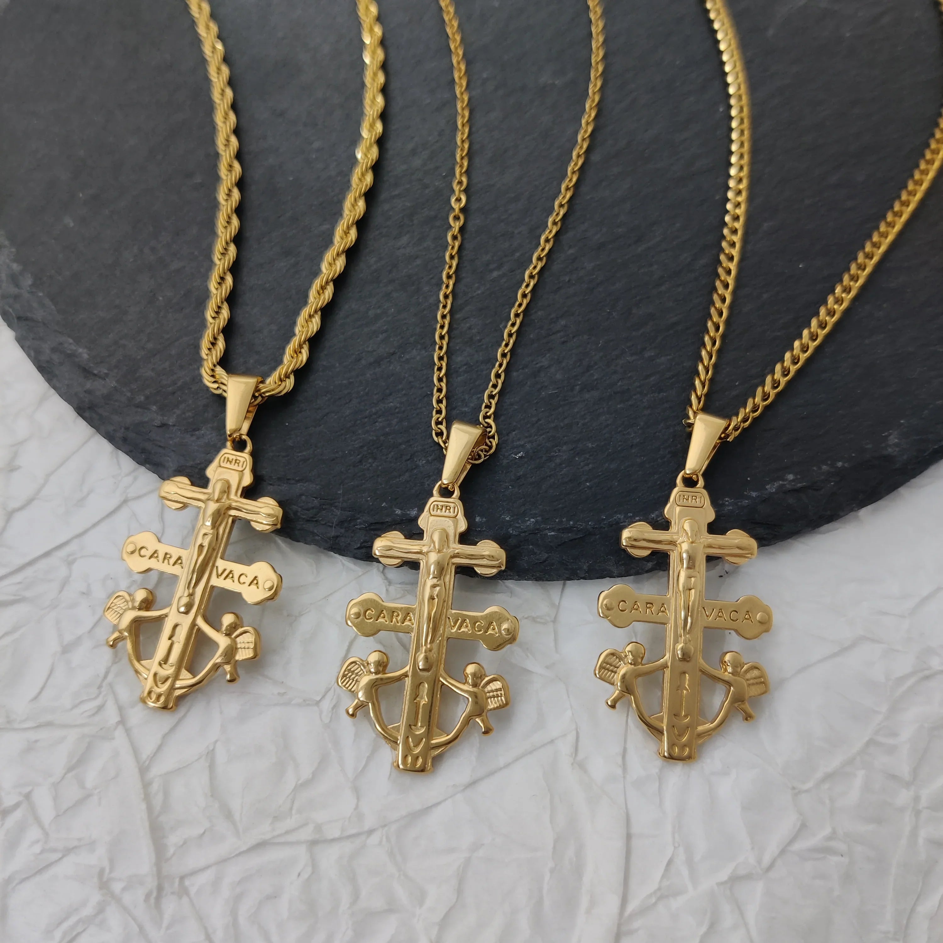Caravaca De La Cruz Crucifix Pendant Christian Angels and Christ in Relief Stainless Steel Caravaca Cross Charms DIY Accessories Vera Lux