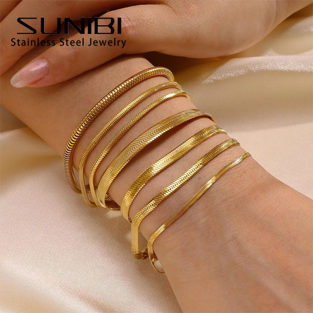 SUNIBI Classic Stainless Steel Snake Chain Bracelet for Women Gold Color Width 2/3/4/5mm Chain Bracelet Women Jewelry Wholesale Vera Lux