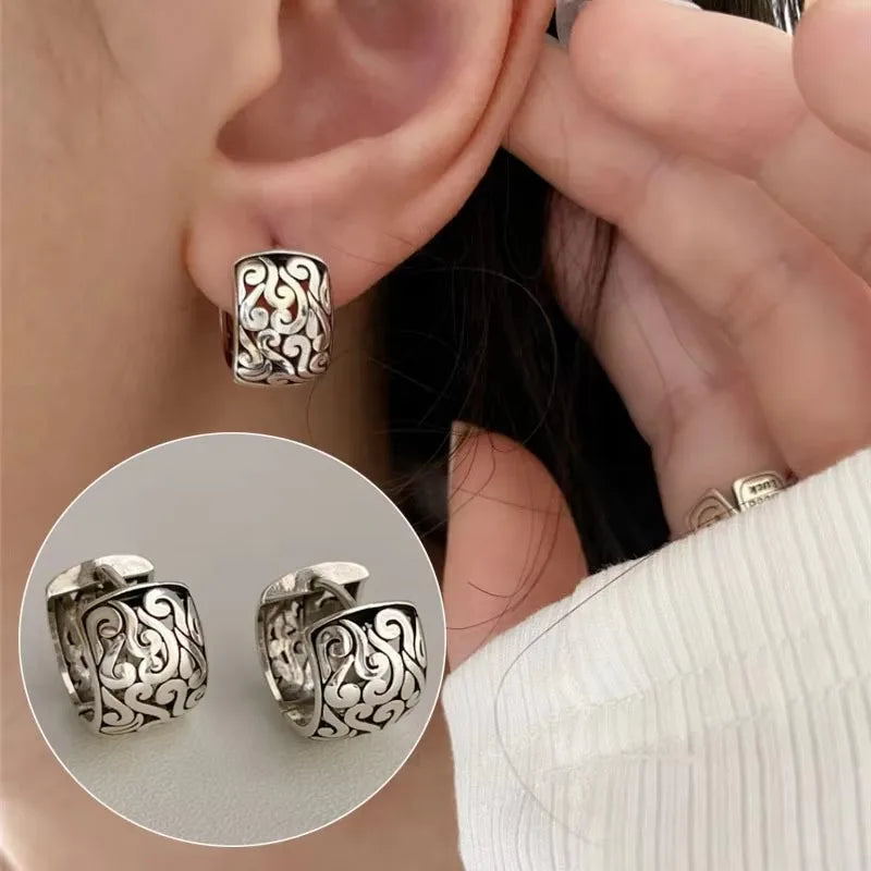 925 Sterling Silver Texture Flower Earrings For Women Gothic Trendy Simple Retro Earring Jewelry Party Accessories Vera Lux