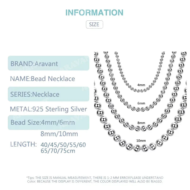 Aravant 925 Silver 4MM/6MM/8MM/10MM Bead Chain Necklace For Men Women Fashion Jewelry Vera Lux