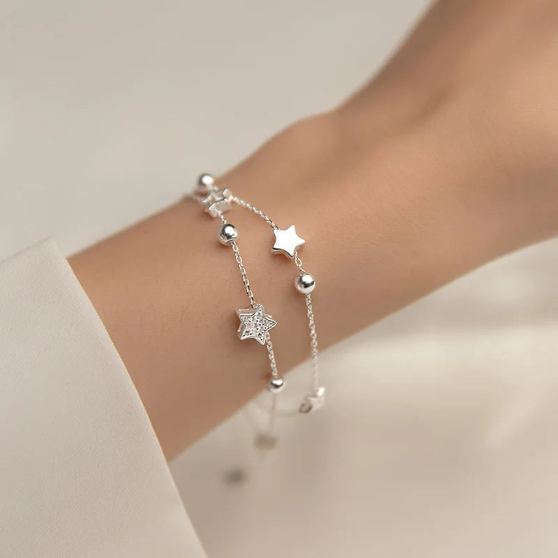 VENTFILLE 925 Stamp Silver Color Star Bracelet Fashion Korean Five-pointed Stars Crystal Double Bracelet Dropshipping Wholesale Vera Lux