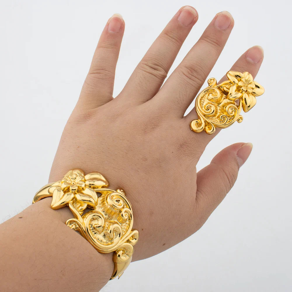 Leopard Design Bangle and Ring Jewelry Set Gold Plated African Bracelet Adjustable Ring Weddings Bridal Jewelry Accessories Vera Lux