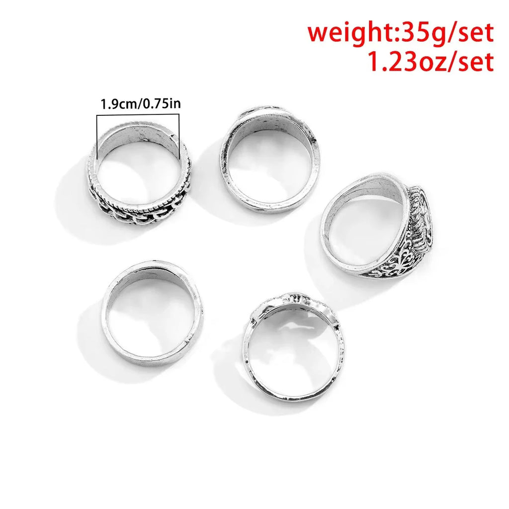 5Pcs/Set Goth Totem Horse Flame Antique Silver Color Rings for Men Unisex Punk Carved Knuckle Male Jewelry Accessories Steampunk Vera Lux