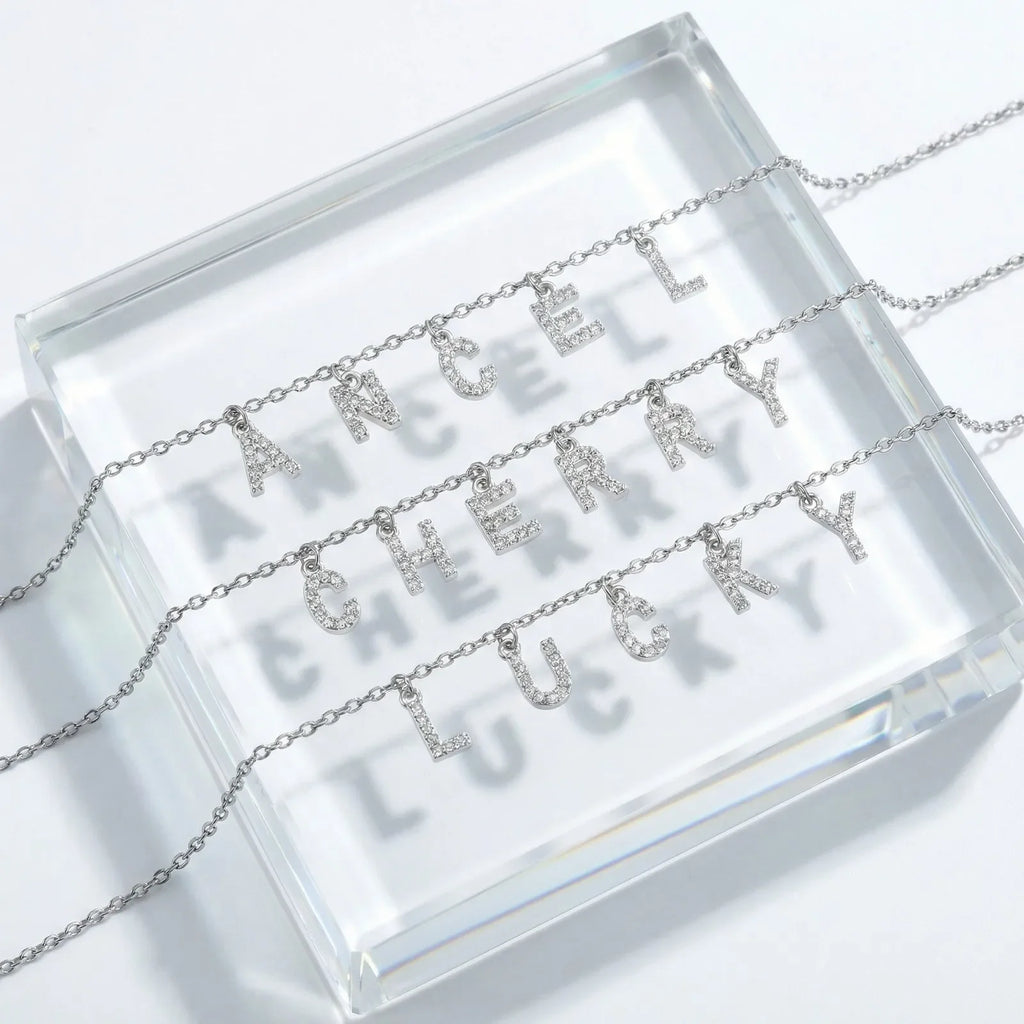 Customized Name With Initial Necklace for Women Mom, Charms Pave Letter Pendant, Stainless Steel Chain Link Adjustable Vera Lux