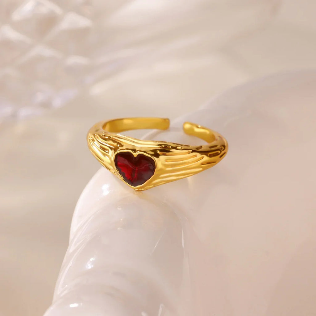 Punk Red Zircon Heart Rings for Women Stainless Steel Gold Color Cheap Open Ring 2025 New Fashion Wedding Couple Jewelry Gift Vera Lux