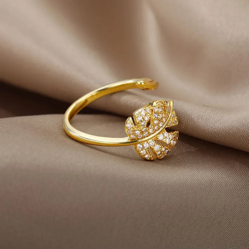 Fashion Palm Leaf Shape Open Rings For Women Gold Color Zircon Adjustable Finger Ring Girls Korean Party Jewelry Gift Vera Lux