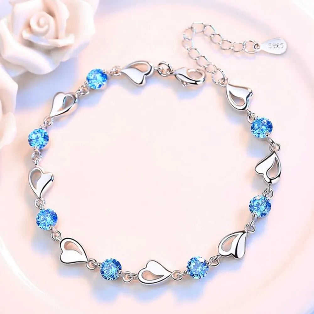 URBABY 925 Sterling Silver Bracelet Jewelry High Quality Retro Heart Wedding Shaped Cubic Zirconia Length 17CM+4CM Vera Lux