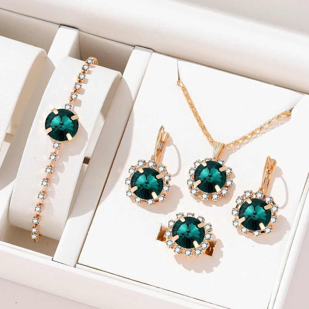 5 Piece Set Women Fashionable Temperament Circular Green Crystal Necklace Bracelet Earring Ring Combination Versatile Exquisite Vera Lux