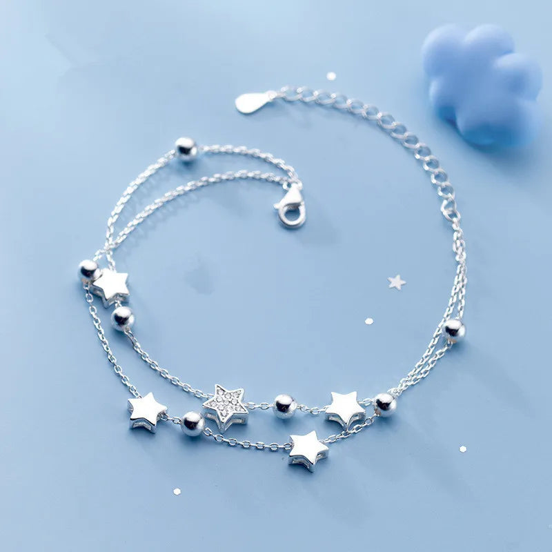 VENTFILLE 925 Stamp Silver Color Star Bracelet Fashion Korean Five-pointed Stars Crystal Double Bracelet Dropshipping Wholesale Vera Lux