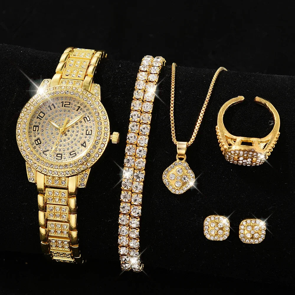 Luxury Women Gold Watch Fashion Ladies Quartz Diamond Wristwatch Elegant Female Bracelet Watches Set Reloj Mujer Vera Lux