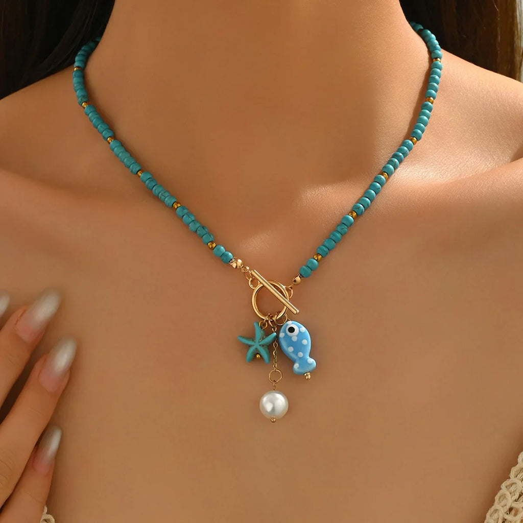Bohemian Sea-Inspired Ceramic Fish & Starfish Pendant Necklace with 4mm Synthetic Turquoise Beads, Lightweight Beach Jewelry Vera Lux