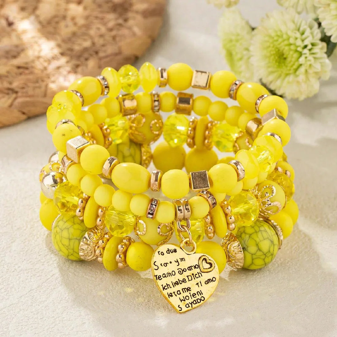 4Pcs Boho Crystal Beads Chain Bracelet Set For Women Vintage Heart Charm Elastic Bangle Female Fashion Party Jewelry Vera Lux