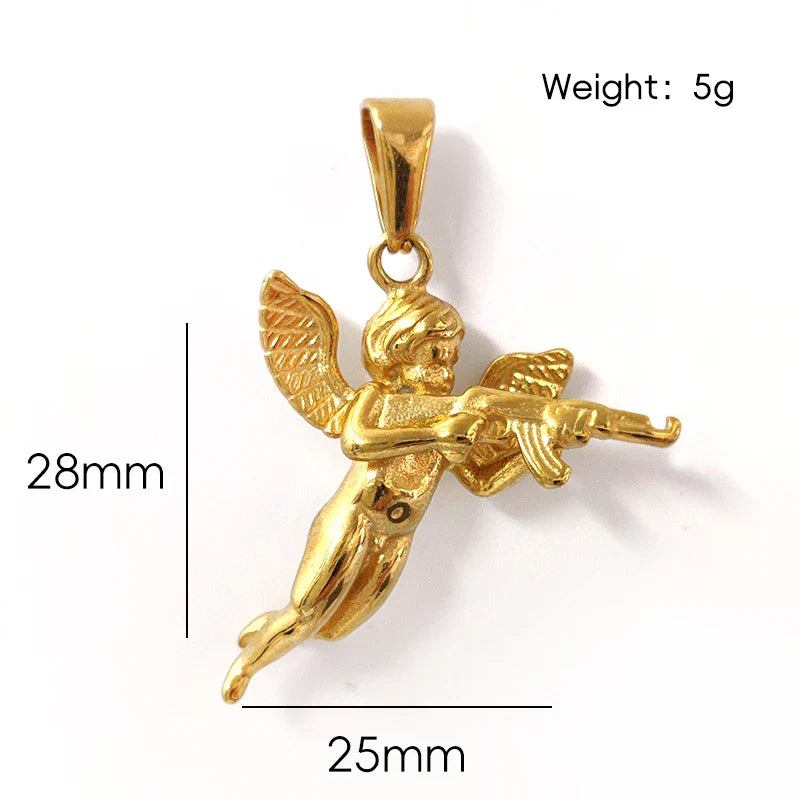 3D Angel with Gun Pendant Necklace for Men - 18K Gold Plated & 316L Steel Rope Chain Hip Hop Gothic Jewelry Gift Cupid's Reveng Vera Lux