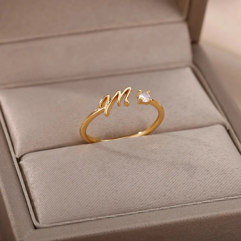 Zircon Tiny Initial Letter Rings For Women Stainless Steel A-Z Letters Adjustable Ring Female Christmas Aesthetic Jewelry Gift Vera Lux
