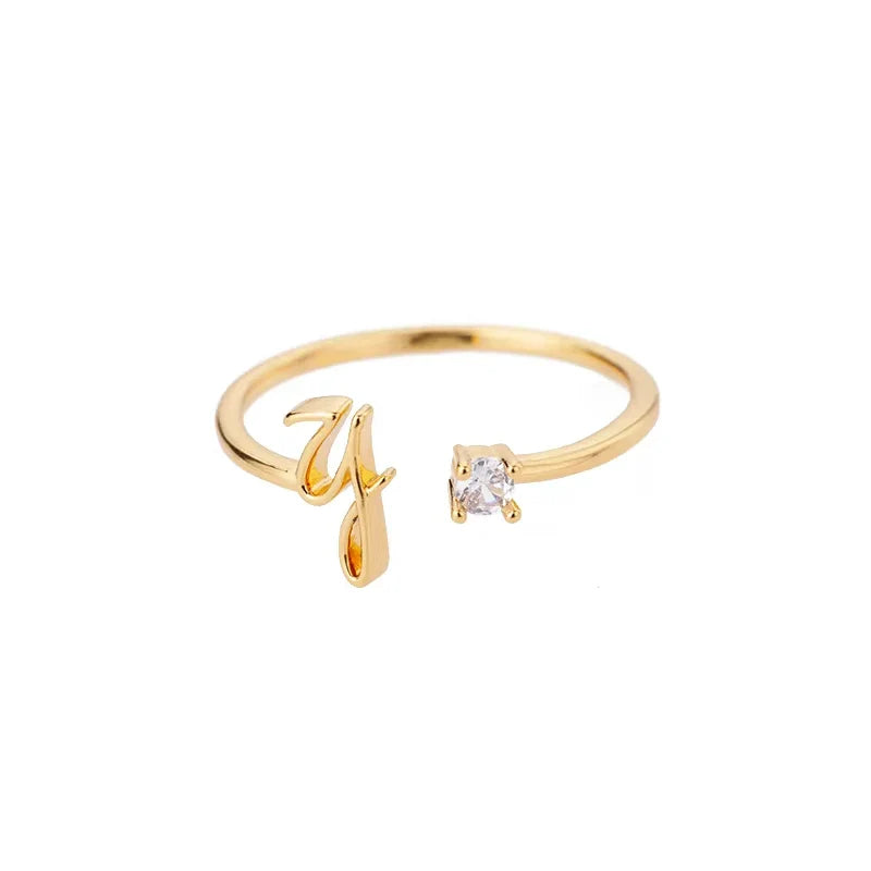 Zircon Initial Letter Ring for Women Stainless Steel Gold Color Alphabet Open Ring Trendy Wedding Birthday Aesthetic Jewelry Vera Lux