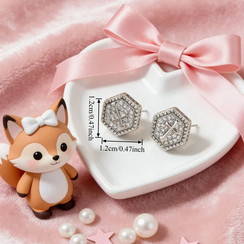 1 Pair Women's Copper Full Rhinestone Stud Earrings Zircon Cross Earrings Trendy And Fashionable Light Luxury Jewelry Vera Lux