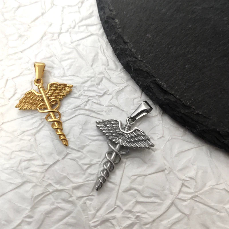 18K Gold Plated Stainless Steel Angel Wing Serpent Necklace - Greek Caduceus Pendant, Doctor/Nurse Charm Jewelry Vera Lux