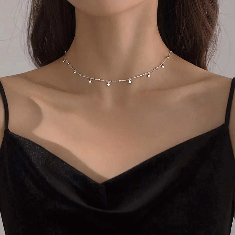 925 Sterling Silver Neck Chain Tassels Round Necklaces Women Jewelry Exquisite Elegant Aesthetic Charms Accessories Argent 925 Vera Lux