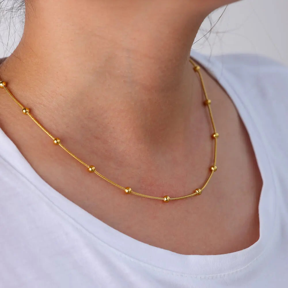 Stainless Steel Beaded Round Snake Chain Necklaces For Women Gold Color Geometric Necklace Luxury Wedding Party Jewelry Gift BFF Vera Lux