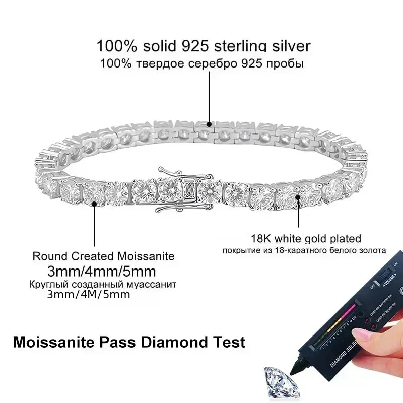NeeTim 3mm 4mm 5mm Moissanite Tennis Bracelet Full Diamond 925 Sterling Silver with Gold Plated Bracelets For Women Men Vera Lux