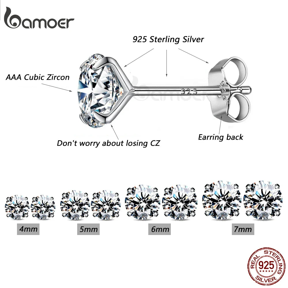 Bamoer CZ Stud Earrings 925 Sterling Silver Platinum Plated Round Cubic Zirconia Hypoallergenic Barbell Earrings 4-7mm Vera Lux