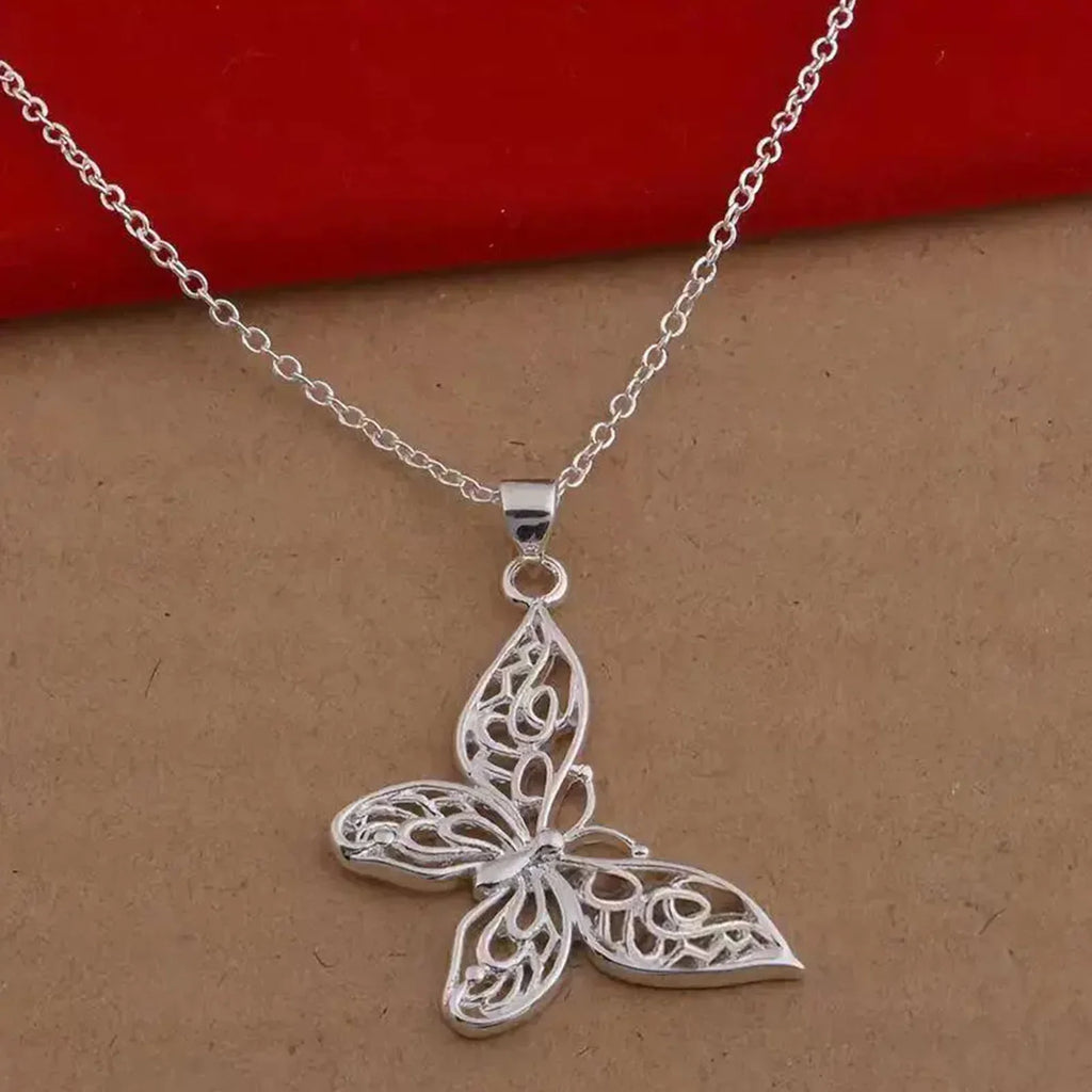 925 Sterling Silver Butterfly Pendant Necklace Snake Chain For Women Wedding Engagement Jewelry Vera Lux