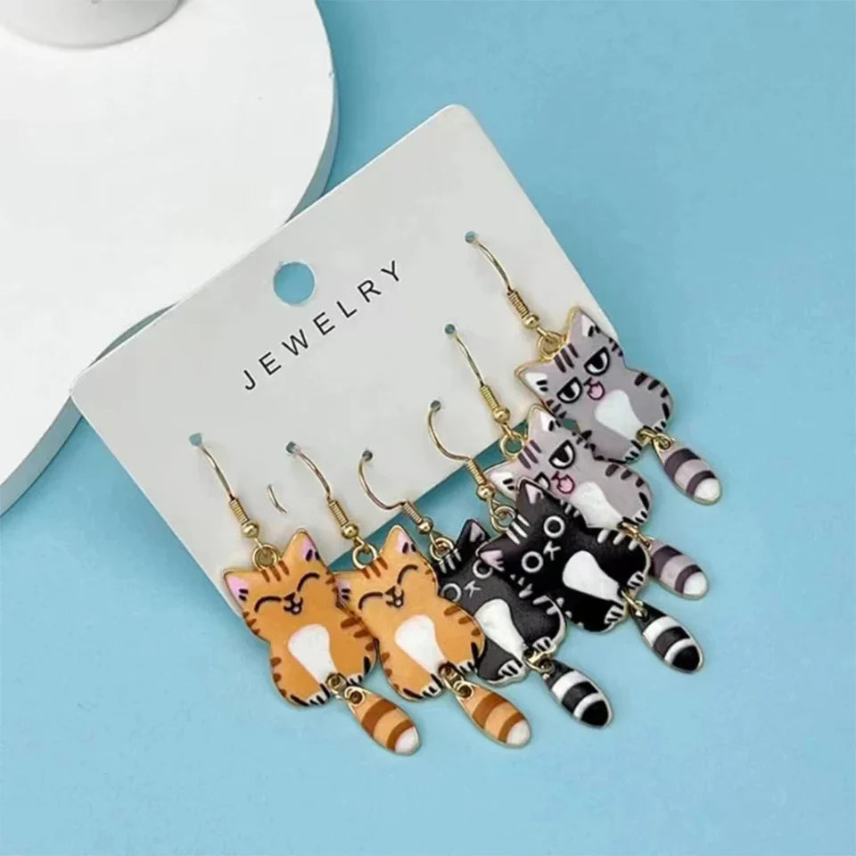 3 Pairs New Fun and Cute Enamel Alloy Hanging Tail Cat Dangle Earrings Colored Cat Ear Jewelry Set Lovely Gift For Women Girls Vera Lux