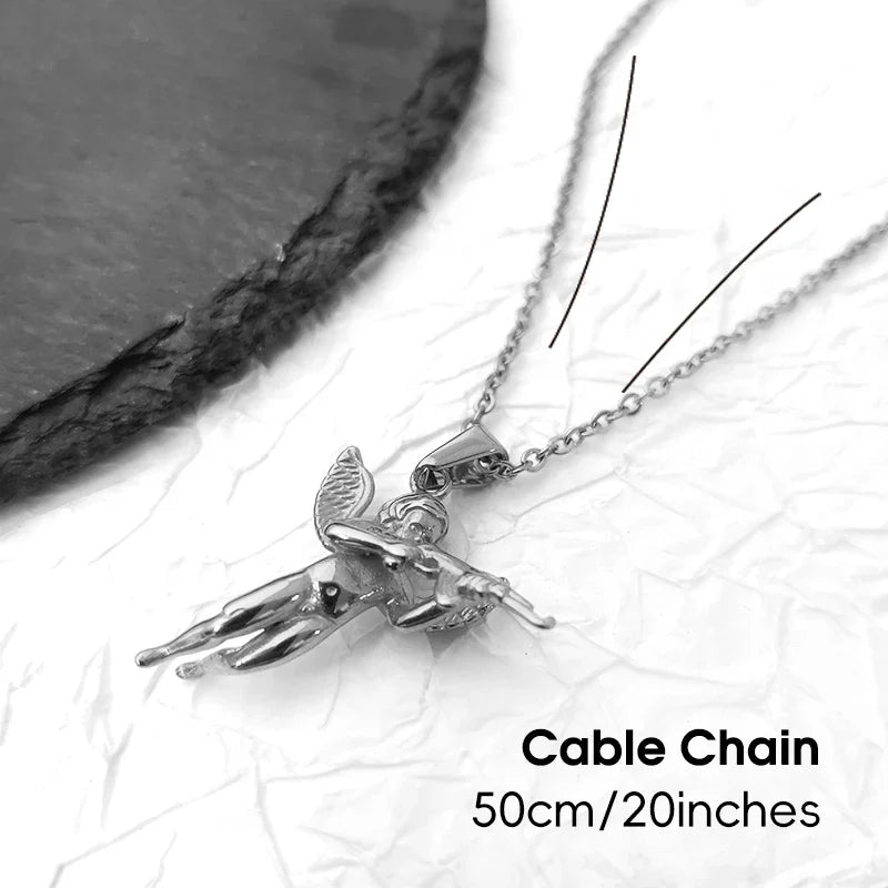 3D Angel with Gun Pendant Necklace for Men - 18K Gold Plated & 316L Steel Rope Chain Hip Hop Gothic Jewelry Gift Cupid's Reveng Vera Lux