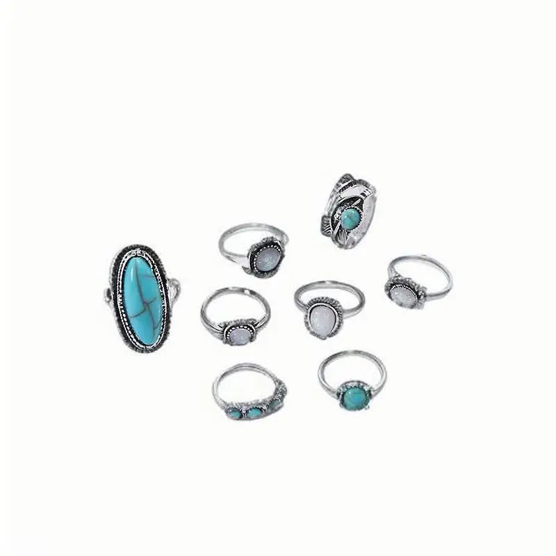 8Pcs/Set Rings Set Fashion Casual New Retro Set With Turquoise Carved Feather Ring Set High-grade Jewelry Vera Lux