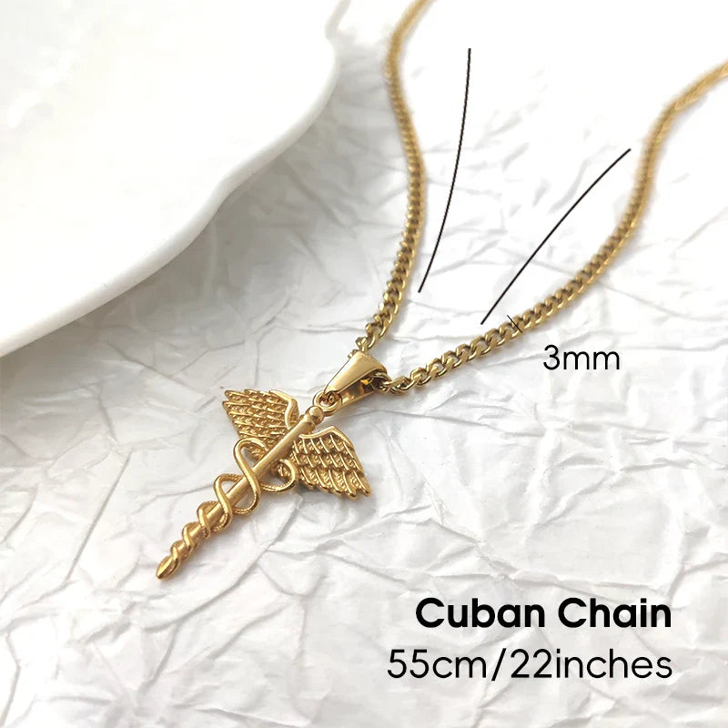 18K Gold Plated Stainless Steel Angel Wing Serpent Necklace - Greek Caduceus Pendant, Doctor/Nurse Charm Jewelry Vera Lux