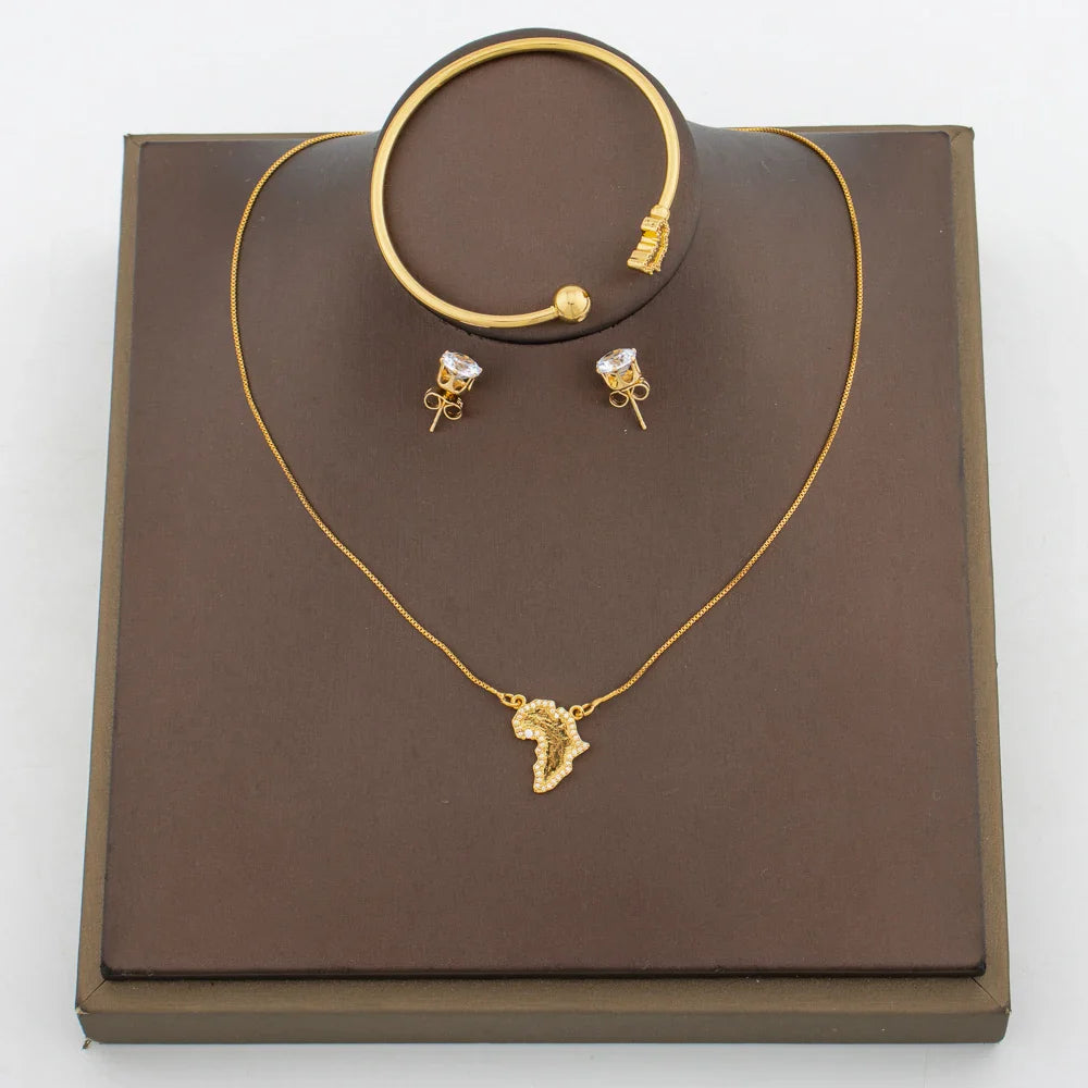 Gold Color Earrings and Necklace Jewelry Set for Party Luxury Zircon Stud Earrings Pendant Necklace Bangle Bride Jewelry Set Vera Lux