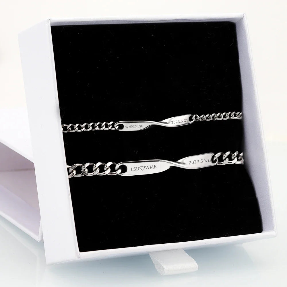 2pcs/set Titanium Steel Manufactured Mobius Couple Bracelet Customized Name Date Carved Bracelet Male and Female Jewelry Gifts Vera Lux